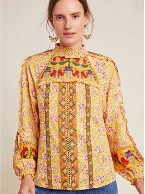 Anthropologie Maeve Yellow Floral Goldie Embroidered High-Neck Blouse 8P Petite